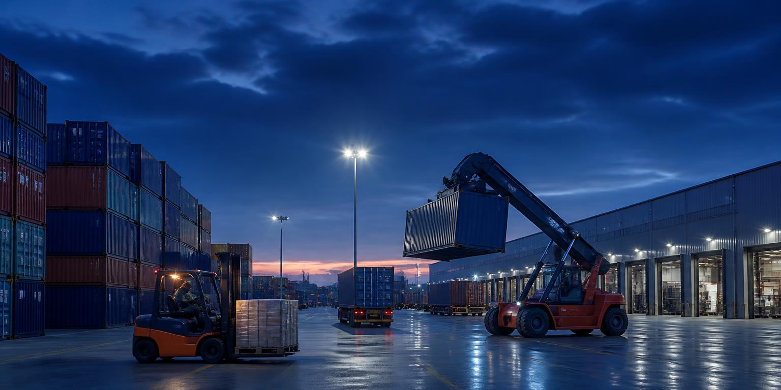 Container yard and forklifts working at a modern logistics hub at twilight